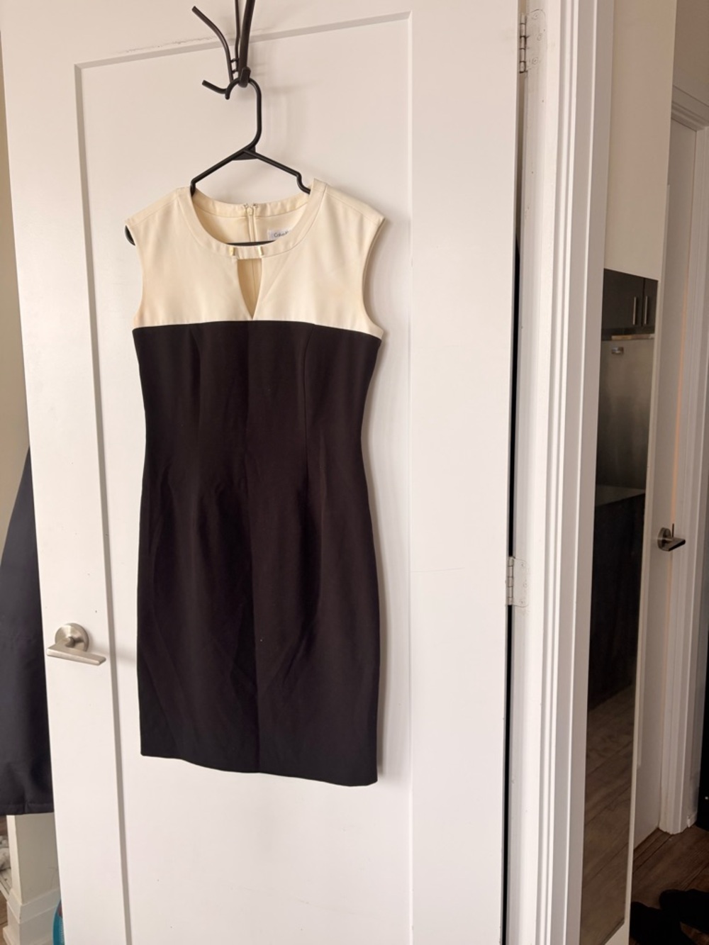 Calvin Klein Cream and Black Colorblock Dress with Gold Accent